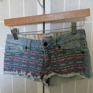 Roxy Denim Jean Shorts Aztec Boho Embroidered Blue